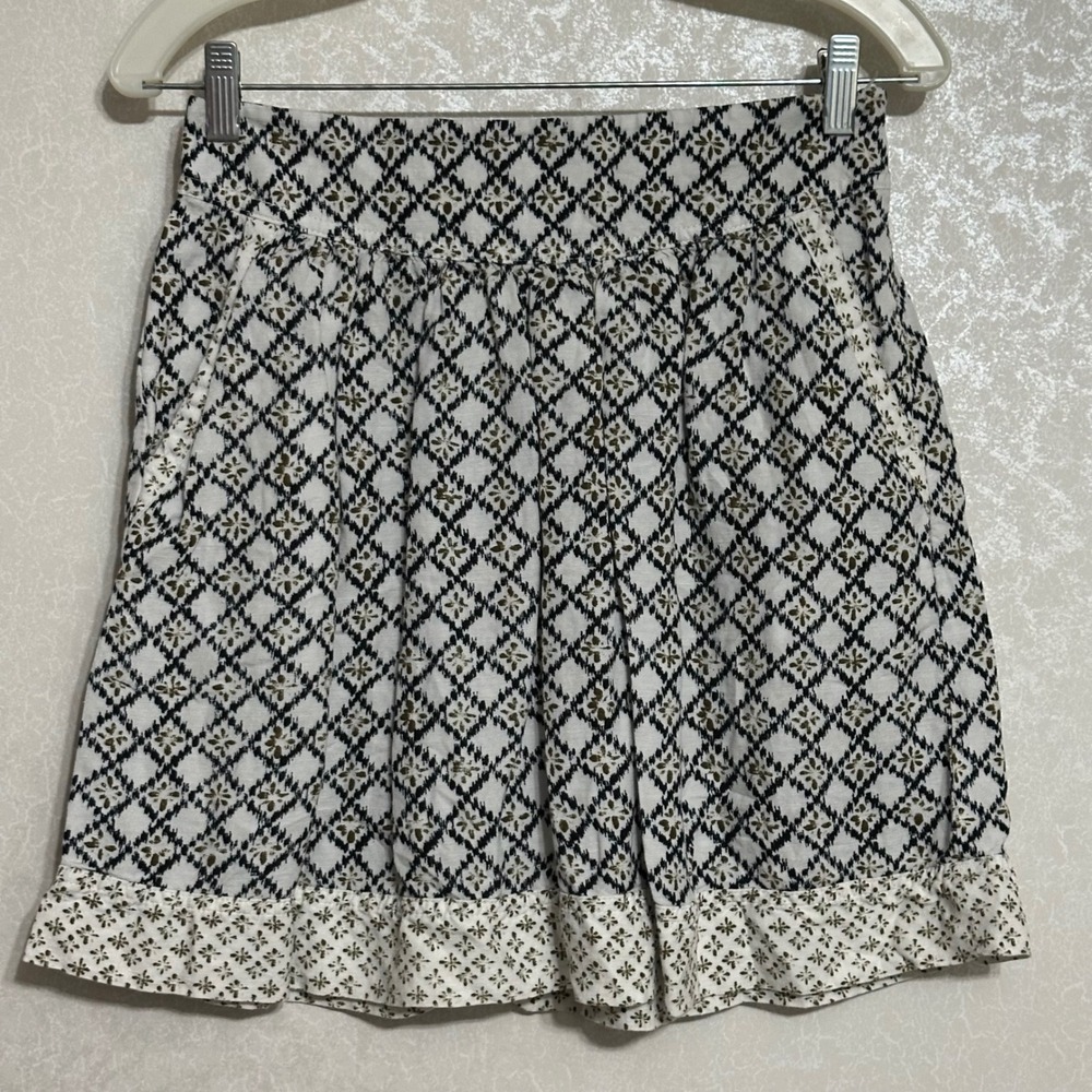 Loft Ikat Diamond Print Mini Skirt Side Pockets Black White Olive Linen Blend 4